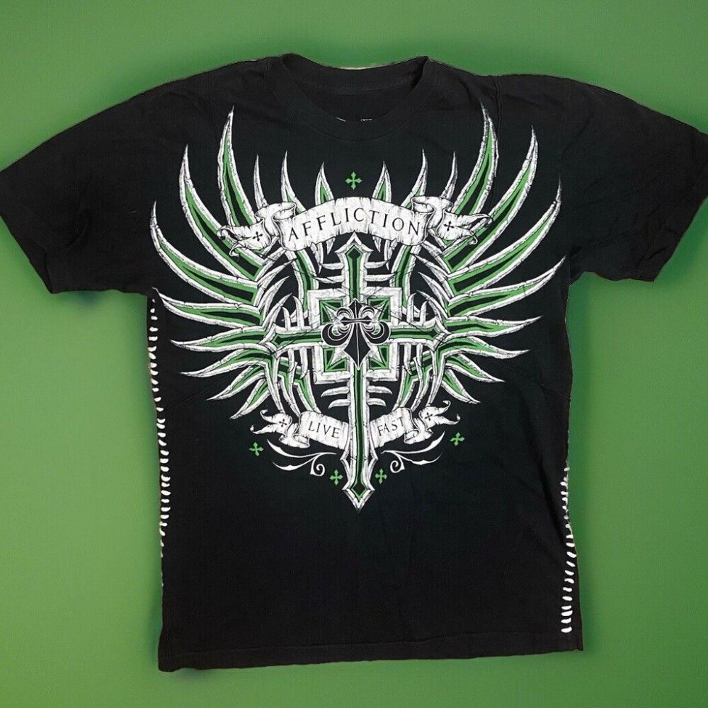 Y2k Affliction Tribal Cyber Goth Wings Cross T-shirt‎ Grunge